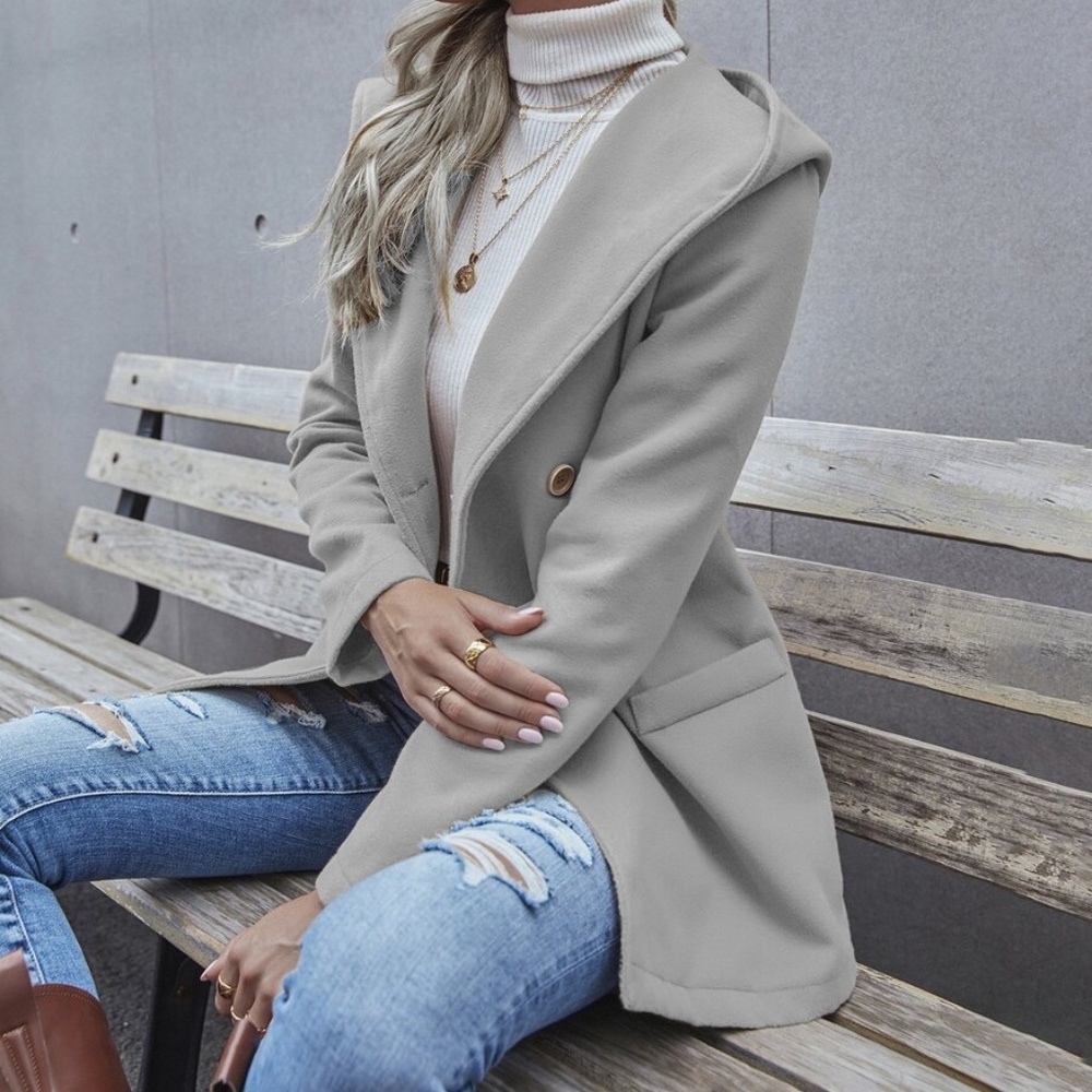 Khaki hoodie Button Pea Coat Jacket Minimalist - Picture 3 of 12